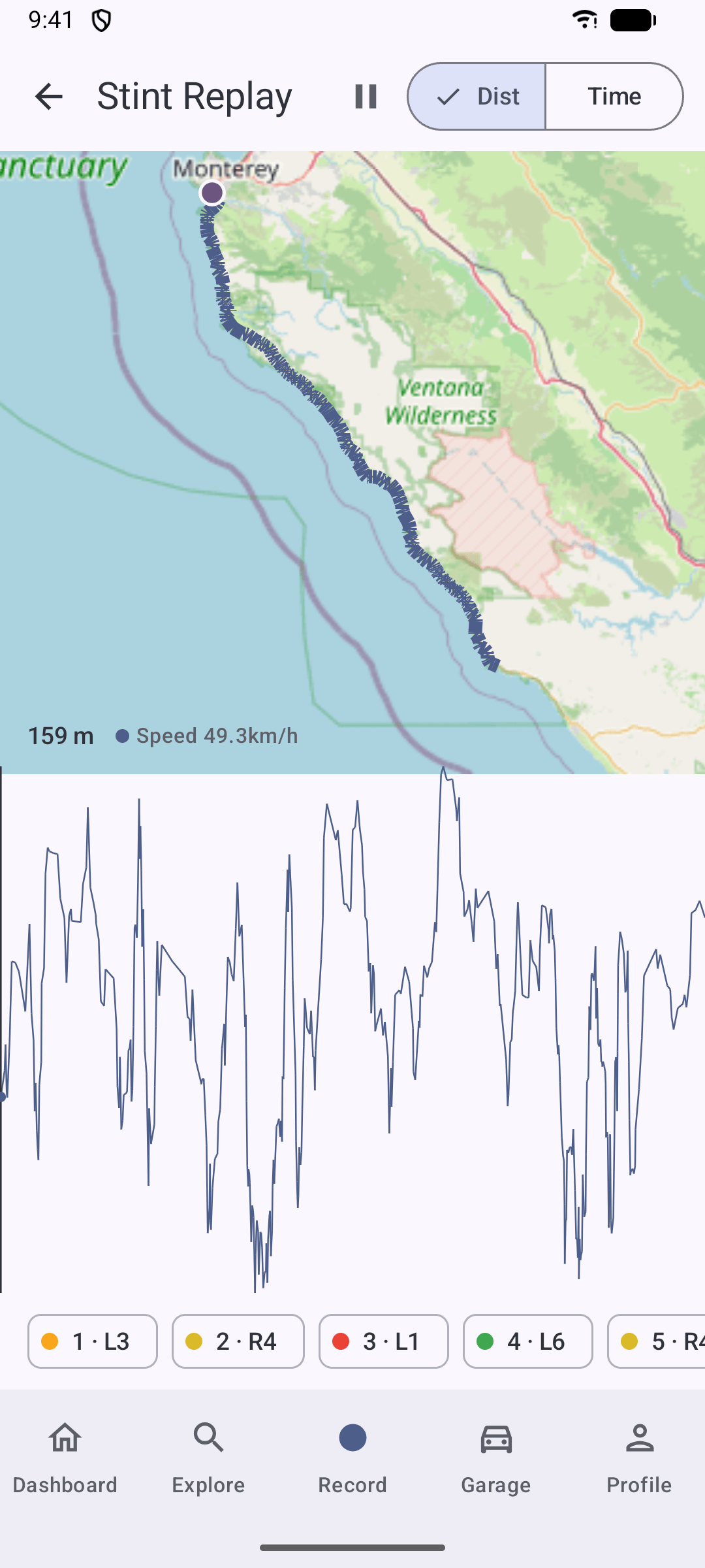 RallyTrax stint replay with route map, speed trace and numbered corners